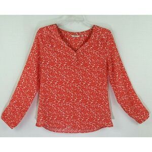 Dockers Floral Top Petite Small Orange Womens Long Sleeve Popover V Neck